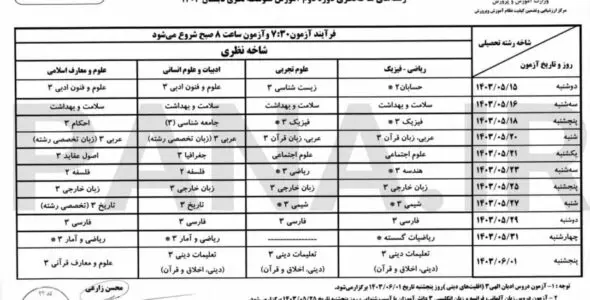 برنامه امتحانات نهایی مرداد